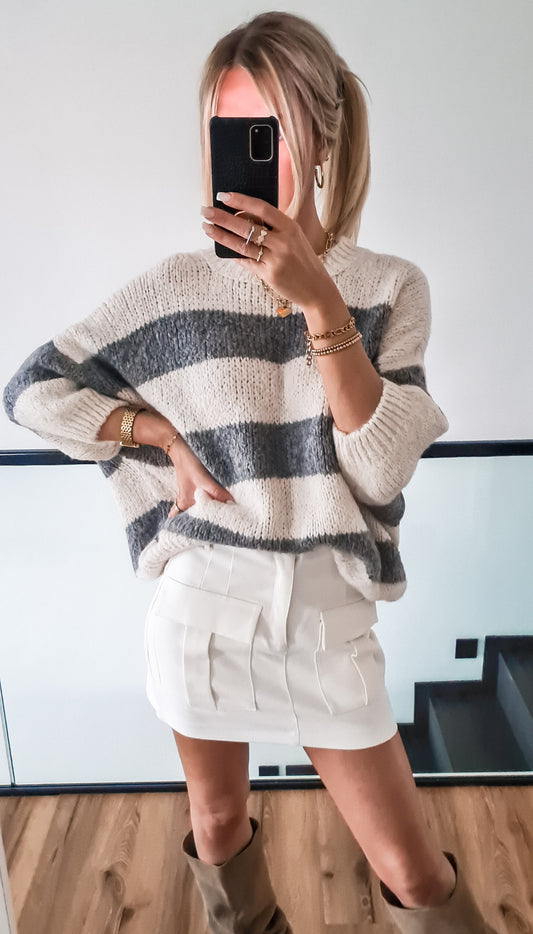 Weicher Strickpullover Alice gestreift - beige-grau