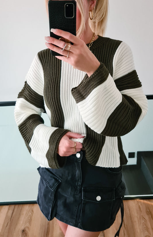 Strickpullover m. Blockstreifen Isi - weiß-Khaki