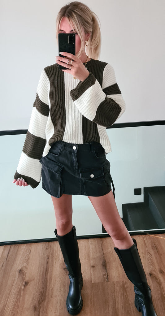 Strickpullover m. Blockstreifen Isi - weiß-Khaki