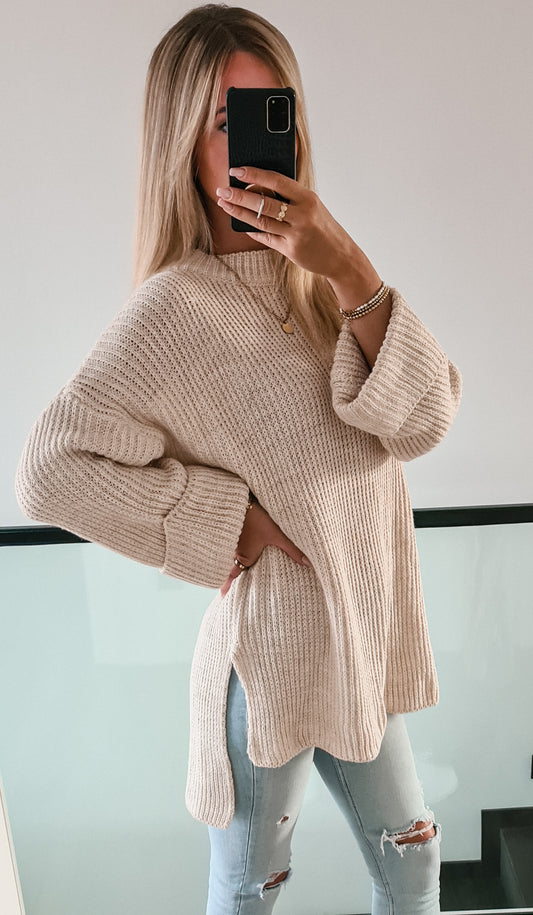 Strickpulli mit seitlichem Schlitz Ally lang - beige