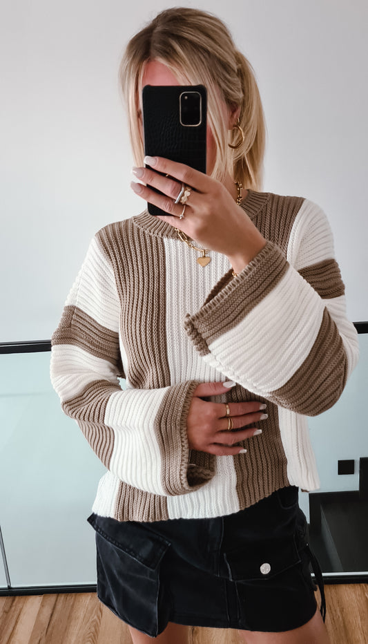 Strickpullover m. Blockstreifen Isi - weiß-taupe