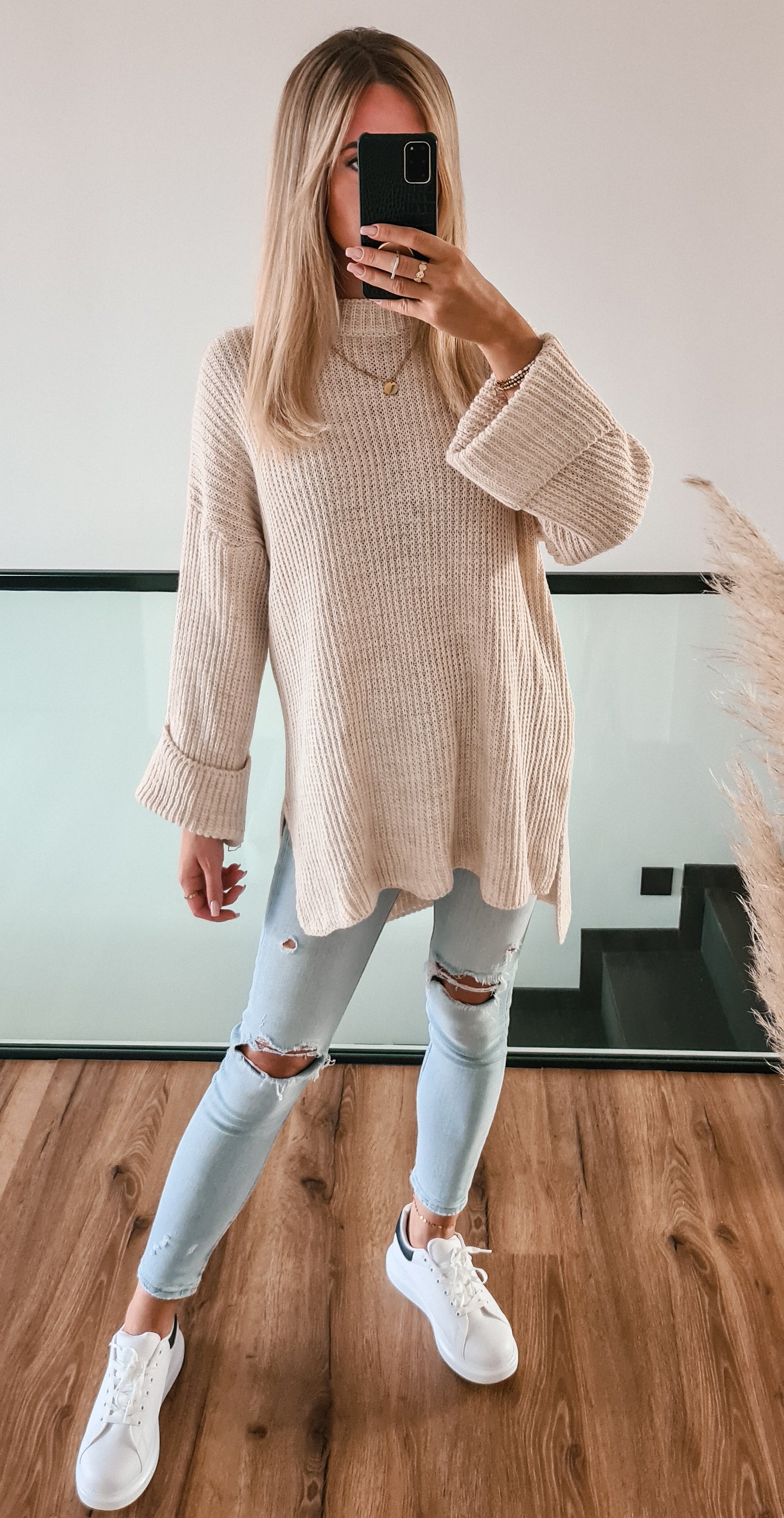 Strickpulli mit seitlichem Schlitz Ally lang - beige