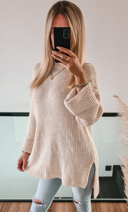 Strickpulli mit seitlichem Schlitz Ally lang - beige