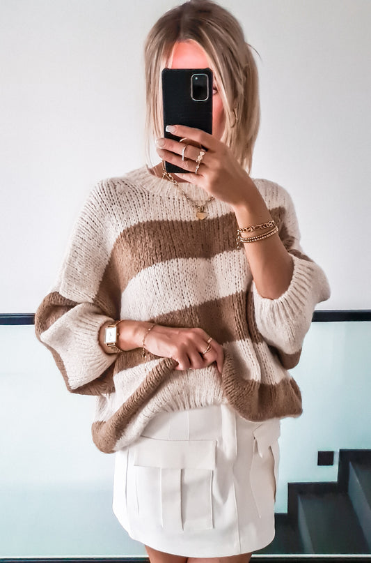 Weicher Strickpullover Alice gestreift - beige-taupe